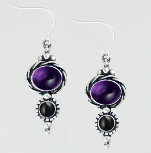 Sterling Silver Drop Dangle Earrings With Amethyst And Black Onyx